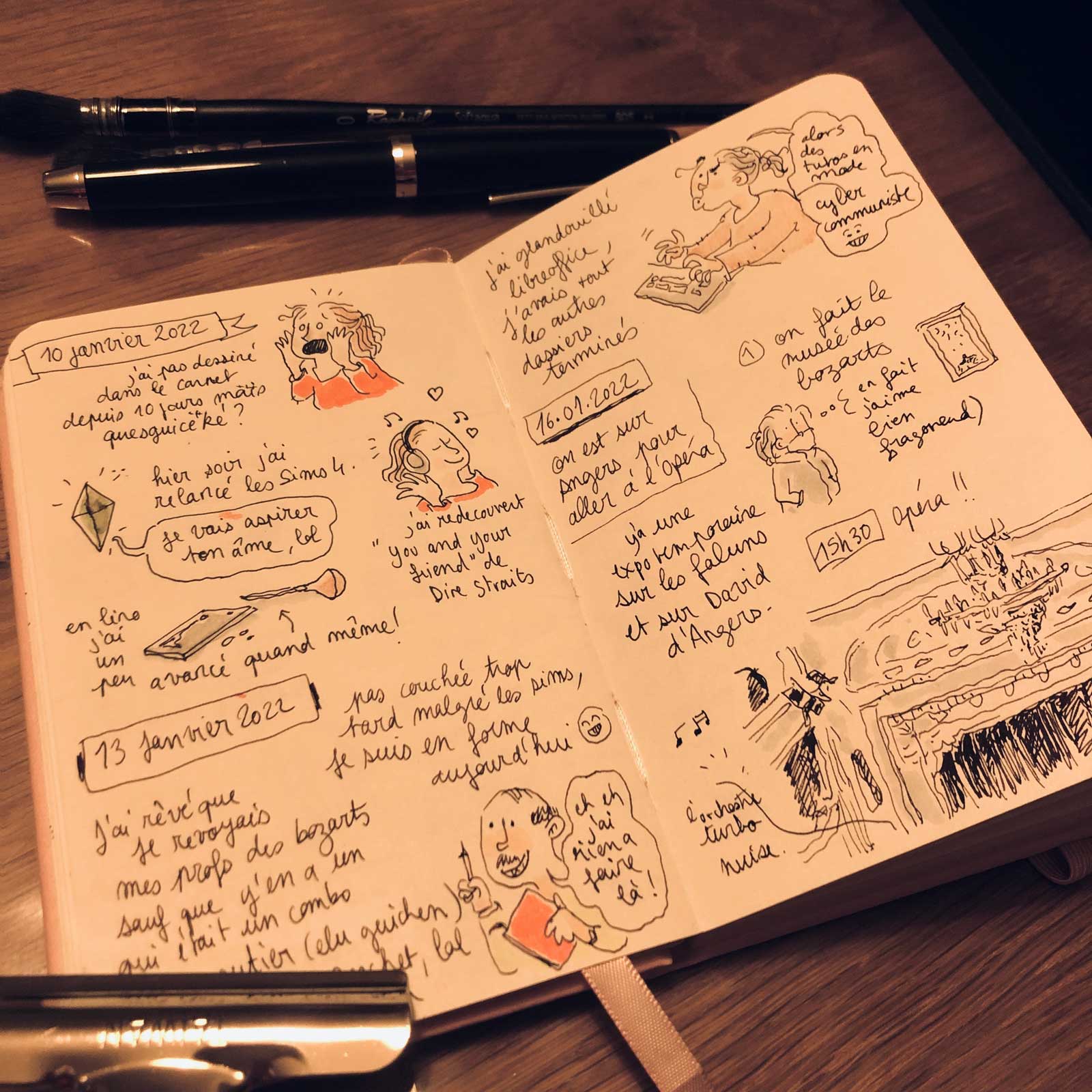 deux pages de mon carnet dessiné racontant des anecdotes : je joue aux sims, j'avance sur mon projet en lino, je trouve que je n'ai pas écrit depuis longtemps dans le carnet, je raconte un rêve que j'ai fait, je suis allée au musée à Angers et j'aime bien Fragonard, je suis allée à l'opéra.